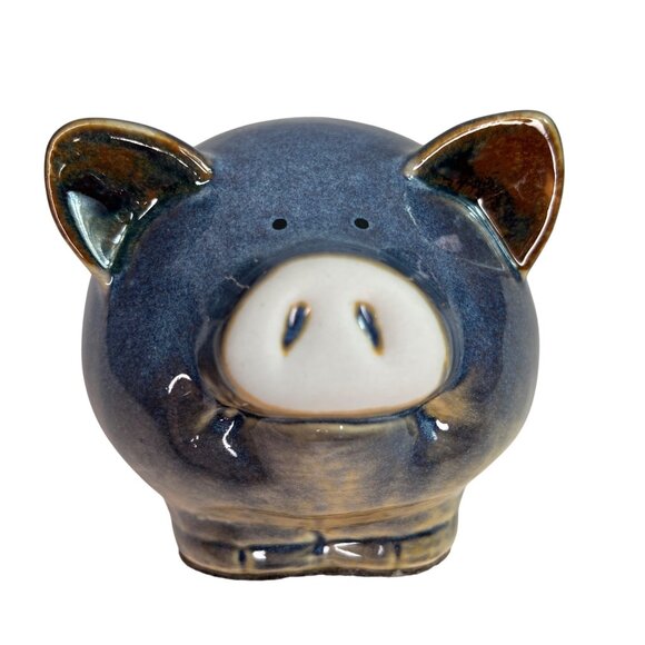 Ceramic Pig Pottery Decor Blue & Brown Glaze Figurine Folk Art - Picture 1 of 7